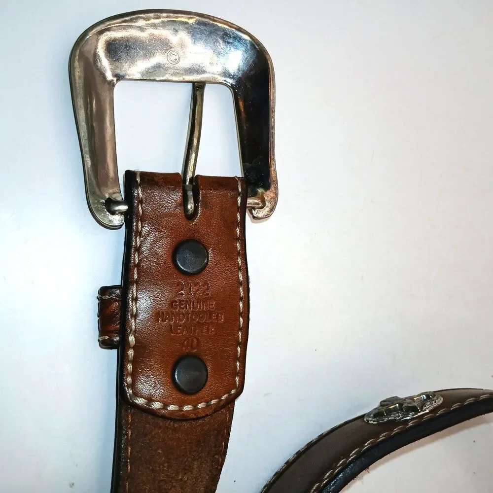 3D Belt Mens Size 40 Brown Hand Tooled Western Concho Cross Studded